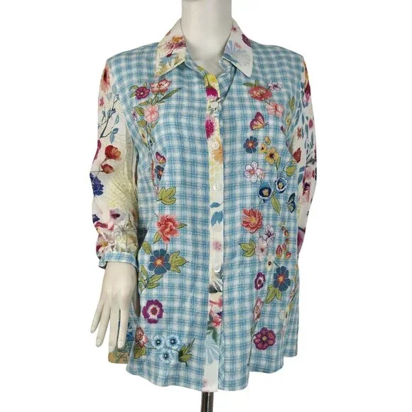 John Mark Women’s Shirt Top Embroidered Floral 3/4 Sleeve Button  Tunic  (9) - Picture 2 of 12